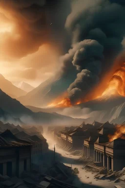 Destroyed City With Fire and Smoke Rising and a Mountain With a Large Gate infront of it