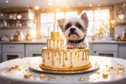 birthday cake, chibi dog in a beautiful kitchen, heart and love in the sunshine, watercolor and black ink outlines, sparkling golden glitter, ethereal, cinematic postprocessing, bokeh, dof