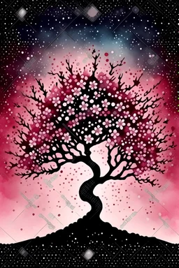 Watercolor painting of a Japanese cherry tree in bloom, isolated on a cosmic background, muted colors