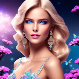 Full body Princess, sexy woman blondie, make up, beautiful smiling face,blue eyes, beautiful place,amazing, flowers, colors, blue and pink butterfly, realistic, photo real, stars night, detailed, high contrast, 8k high definition, unreal engine 5, extremely sharp detail, light effect, light background