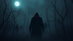 A dark, foggy forest is shrouded in thick mist, with only a faint, cold moonlight piercing through. In the distance, the silhouettes of dead trees stand, their twisted branches reaching out like claws into the void. At the center, a mysterious hooded figure stands, its face hidden in shadows, but its glowing red eyes cut through the darkness. Around it, blurred, ghostly apparitions float—specters or shadows, silently watching you. The air is thick with an eerie sense of dread, and in the backgro