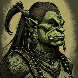 Thicc female orc with tribal tattoo, 3/4, digital art