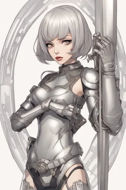 full body picture of a skinny woman with a bob, in futuristic silver armour, holding a curved sword, steampunk background