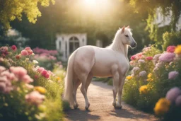 antropomorph horse cat in a flowergarden in sunshine, ethereal, cinematic postprocessing