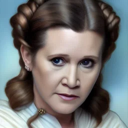 [[extrem photorealistic Carrie Fisher as Princess Leia]] :: [[photorealistic hazel iris, short hair, head and shoulders portrait, 8k resolution photorealistic portrait by Artgerm, WLOP, Alphonse Mucha, dynamic lighting, hyperdetailed, intricately detailed, triadic colors]]