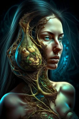 Grunge, woman as a decaying dried out Pear intricately showing its internal structure and seeds, cyberpunk, ultra unique natural textures, slight imperfections, vray.