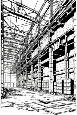 Abandoned industrial warehouses, line arts, manga style