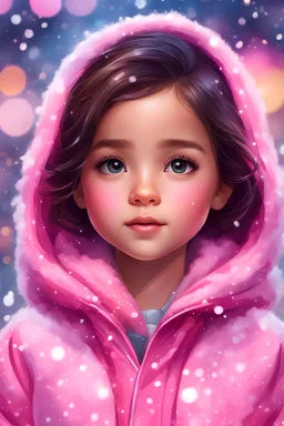 Digital painting of a cute little girl in a stylish pink jacket, front view, Anna's face, dark hair, hazel eyes, rosy cheeks, pink lips, Disney art, snowfall, colorful bokeh background, digital painting style, High Quality, 4k