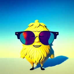 lemon character with an accomplished look on his face, wearing green sunglasses relaxing on the beach at sunset