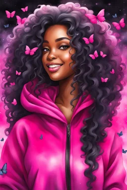 vibrant watercolor painting image, airbrush, 48k, cartoon art image of a black curvy female looking to the side smiling with a large mane of curly ombre hair flowing through the wind while she has a hot pink hoodie on, prominent makeup with hazel eyes, highly detailed hair, background hot pink and BLACK BUTTERFLIES surrounding her, dystopian charcoal