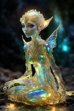 extremely delicate iridescent Elfin made of glass, sitting, video game style, translucent, tiny golden accents, beautifully and intricately detailed, ethereal glow, whimsical, art by Mschiffer, best quality, glass art, magical holographic glow\\n, Broken Glass effect, no background, stunning