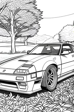 coloring page, alternative Nissan 300ZX (1984) car parked in a park, cartoon style, thick lines, few details, no shadows, no colors