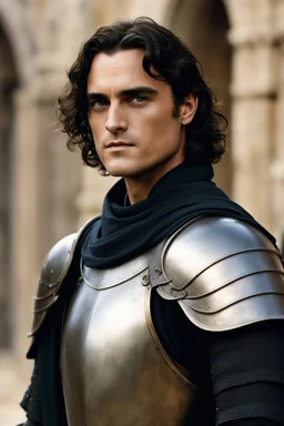 Joaquin Phoenix from year 2000, draped waves haircut, black hair, in medieval setting, in burnished medieval armor