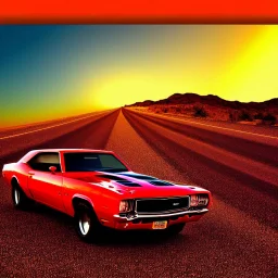 muscle car, desert road, sunset, full colour, realistic