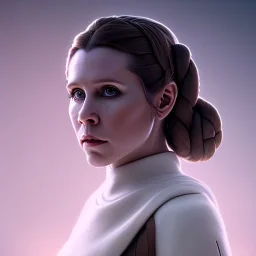 low angle beautiful half-body-portrait photo of princess leia from Star Wars played by Carrie Fisher, in the style of horizon zero dawn wlop, artgerm, akihiko yoshida, and liang xing, detailed face, doe eyes, intricate hair style, symmetrical eyes, trending on artstation, highly detailed, white dress, dynamic pose, intricate outfit, futuristic weapon, space ship and galaxy background