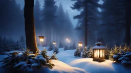 fir forrest scenery, heavy mist,,creek,forest,christmas lanterns,tree,,,night,snow,fir tree,high-quality photograph,photorealistic, shot on Hasselblad h6d-400c, zeiss prime lens, bokeh like f/0.8, tilt-shift lens 8k, high detail, smooth render, unreal engine 5, cinema 4d, HDR, dust effect, vivid colors,night