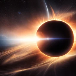 deep dark blackhole in night sky destroying the sun, reflection on a lake on earth, mountains, stars,