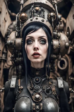 Closeup tall Girl goth with big eyes, ragged clothes, fullbody, dieselpunk, valves and old robots behind, the perspective looking up from the bottom of an empty well , 8k,macro photography,
