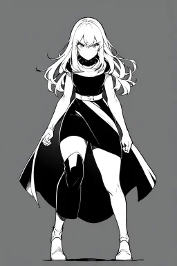 angry blonde girl, pose, full body, greyscale