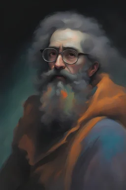 Space hippie with beard and poor hair with glasses of colours painted by Goya with de look and feel of dark paintings