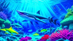 realistic coloring, underwater, coral reef, shark