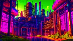 a giant factory, dreamy, psychedelic, 4k, sharp focus, volumetrics, trippy background