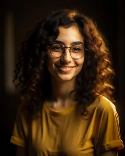 Jeune femme au sourire éclatant, longue et élancée, petit nez, cheveux noirs, longs, bouclés et volumineux, porte de grandes lunettes rondes à la monture transparente. Elle porte un t-shirt de couleur jaune moutarde avec une chemise florale transparente. Rembrandt style lighting, 8k, portrait, HD.