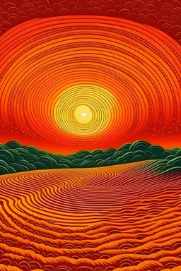 atardecer paisaje naranja realista sol dibujado con espiral igual que en la noche estrellada