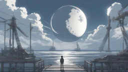 giant half transparent moon, glitchy, blurry, mechanical, sci-fi, maximum quality, centered on frame, far view, seaside, white sky with cumulonimbus, anime, makoto shinkai style, japanese pier, rusty, decrepit, foggy, grayscale