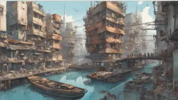 Water-level view of buildings made of reused dirty rusty metal next to futuristic canal junction, cyberpunk, many painted colours, flying boats, balconies, bridges, people, shopping, eating, walking, fifth element, ghost in the shell, altered carbon, Ian McQue, lineart and watercolour