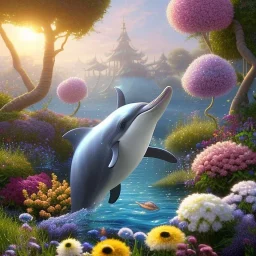 pixar style, volumetric summer garden environment and background, realistic painting of a cute dolphin, looking excited, detailed digital painting, extreme dense and fine fur, anime, ornate, colour-washed colors, elegant, small minutiae, tiny features, particulars, centered, smooth, sharp focus, renderman gofur render, 8k, uhd, detailed eyes, realistic shaded volumetric lighting, sunlight caustics, backlight, centered camera view