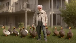 confused older man using cellphone in his house telling the ducks and geese that surround him to "go away"