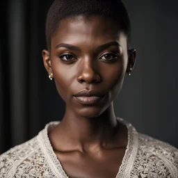 8k hdr, RAW photo, highest quality, beautiful caucasian girl, white woman (race change michaela coel), close up, (detailed eyes), (highest quality), (best shadow), intricate details, interior, (short haircut), dark studio, muted colors,