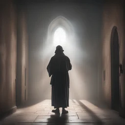 нищий стоит спиной к зрителю, молится перед входом в церковь,туман,яркий свет