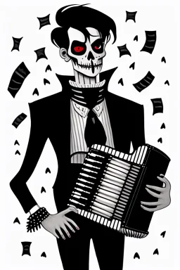 goth male necromancer with black hair playing a accordion in the style of charles addams