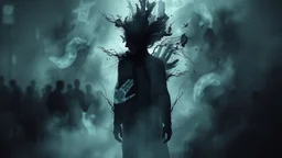 Abstract surreal scene of a human soul in conflict a caracter dissolving into shadows and fog, body torn into shards of light and darkness. Shapes twist and melt like oil paint, forming ghostly hands and distorted faces emerging from the fog. The background is a blur of noise, chaotic patterns and faceless crowds, symbolizing the indifferent outside world. A haunting, dreamlike composition that captures isolation, inner demons, struggle of anxiety. surreal, atmospheric