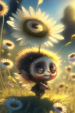 a tiny, very cute chibi fairy clinging to the seed of a dandelion flies over a field of flowers in sunshine Nikon D850 highly detailed digital painting sharp focus elegant fantasy oil on canvas 4k very attractive beautiful wallpaper award winning fantastic view crisp quality Unreal Engine very cute pixar acrylic art