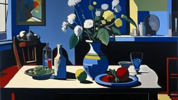 a painting of a table with a vase on top of it, a still life by Romare Bearden, cgsociety, american scene painting, dynamic composition, academic art, oil on canvas