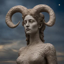 a statue of a woman with horns on her head, by Volkan Baga, aries constellation, inspired by Hovsep Pushman, model standing pose, dreaming of electric sheep, by Raymond Teague Cowern, anthropomorphic humanoid, ((portrait)), scaly skin, neutral flat lighting, in style of stanislav vovchuk, shot with Sony Alpha a9 Il and Sony FE 200-600mm f/5.6-6.3 G OSS lens, natural ligh, hyper realistic photograph, ultra detailed -ar 1:1 —q 2 -s 750)