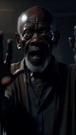 Crafting a terrifying 8K depiction of an evil old black man rising hand up ,His presence exudes an unsettling aura of malevolence, instilling fear in all who behold him.