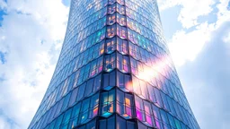 A towering skyscraper with sweeping, curved surfaces made of translucent, iridescent stained glass. The building features a hexagonal honeycomb pattern of windows that allow light to cascade through, creating a rainbow effect inside and outside. Award-winning photograph, stunning clarity, beautiful composition, exquisite detail and illumination