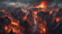 superperspective, birds eye view. White-skinned orcs plundering a medieval town at night. Town is set on fire. Orcs killing and abducting humans. Covered in blood. puddles of blood in the streets. Brutal scenery, menacing, threatening.