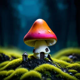 "Close up of a wonderful tiny Mushroom Tower home. Orange and red with bright white, deep black and contrasting tones of gray magenta and violet colors. Illuminated bioluminescent forest. Professional painter, master at composition. small but detailed. broken, blurred background, voluminous lighting"