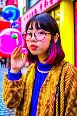 cool girl blowing bubbles on streets of tokyo in the style of hiroku ogai