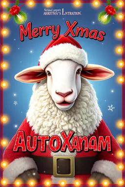 "Design a whimsical 1990s-style movie poster featuring a festive sheep with Santa's jolly characteristics. Capture the playful spirit of 'National Lampoon's Christmas Vacation.' Display 'Merry Xmas Autofarm' prominently in festive, bold letters, framed by twinkling lights and classic Christmas motifs. Use bright, nostalgic colors and playful design elements to evoke retro holiday magic and comedic fun