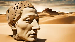 A surrealistic double exposure of a stone head in a desert with the real face of a man superimposed on it and gaping holes that reveal a different environment on the other side. Other artifacts are in the vicinity. Surrealism by Salvador Dali Yves Tanguy