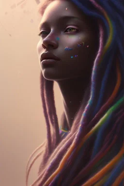 girl, cute, beautiful, long curly hair, rainbow hair, rainbow dress,robotic, african factions close up portrait by Greg Rutkowski