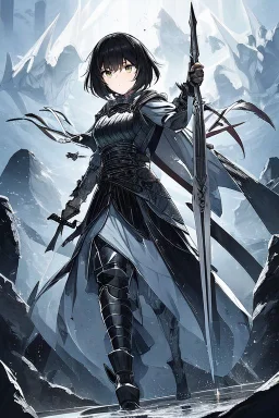 Anime girl with short black hair and sharp green eyes holding a spear, full body black and white metal plate armour, full body shot, Dramatic lighting,1woman, soaked in blood, Warrior, standing pose