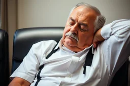 Cree l image d un agent de sécurité proche de la retraite. Il porte des bretelles. Il a une chemise blanche. Il a une petite moustache. Il dort sur une chaise.