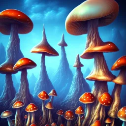 psychedelic giant mushrooms and tiny flying jelly fish and antic city in the background 3D mystic ambiance